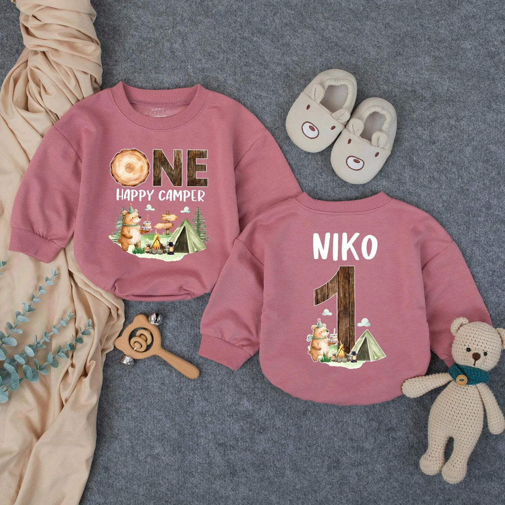 Personalized One Happy Camper First Birthday Outfit for Baby Boy, Soft Cotton Cake Smash Romper with Woodland Bear and Tent Design