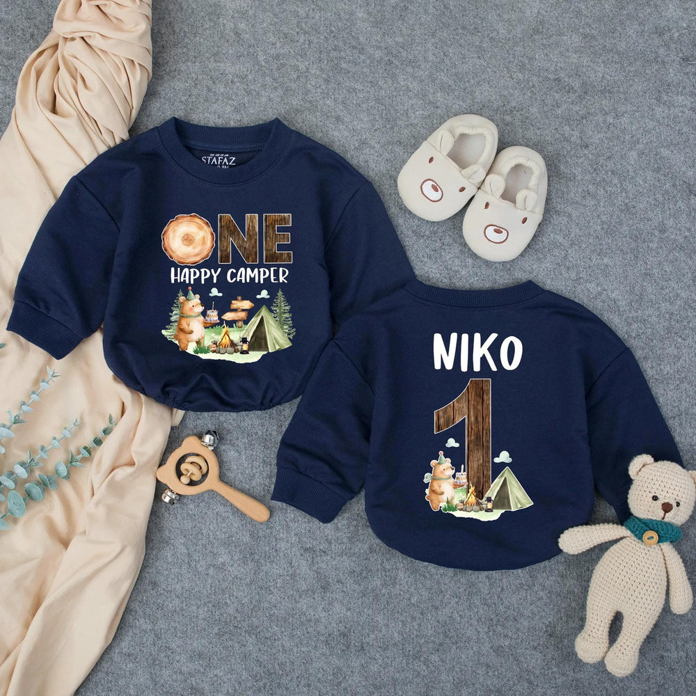 Personalized One Happy Camper First Birthday Outfit for Baby Boy, Soft Cotton Cake Smash Romper with Woodland Bear and Tent Design