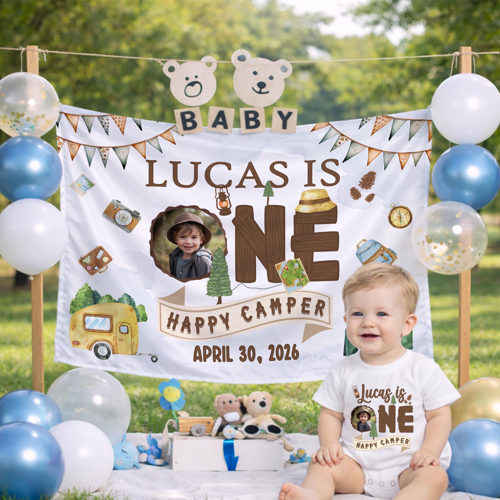 Personalized One Happy Camper First Birthday Outfit with Photo Frame, Custom Baby Boy Romper, Rustic Camping Theme Party Decor Gift
