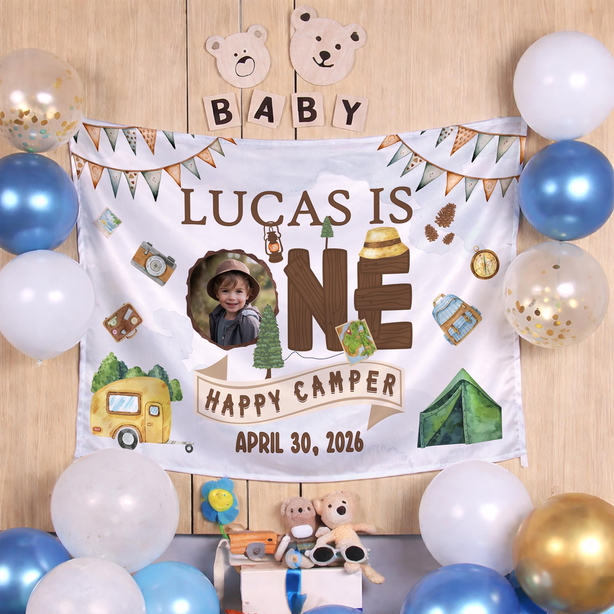 Personalized One Happy Camper First Birthday Outfit with Photo Frame, Custom Baby Boy Romper, Rustic Camping Theme Party Decor Gift