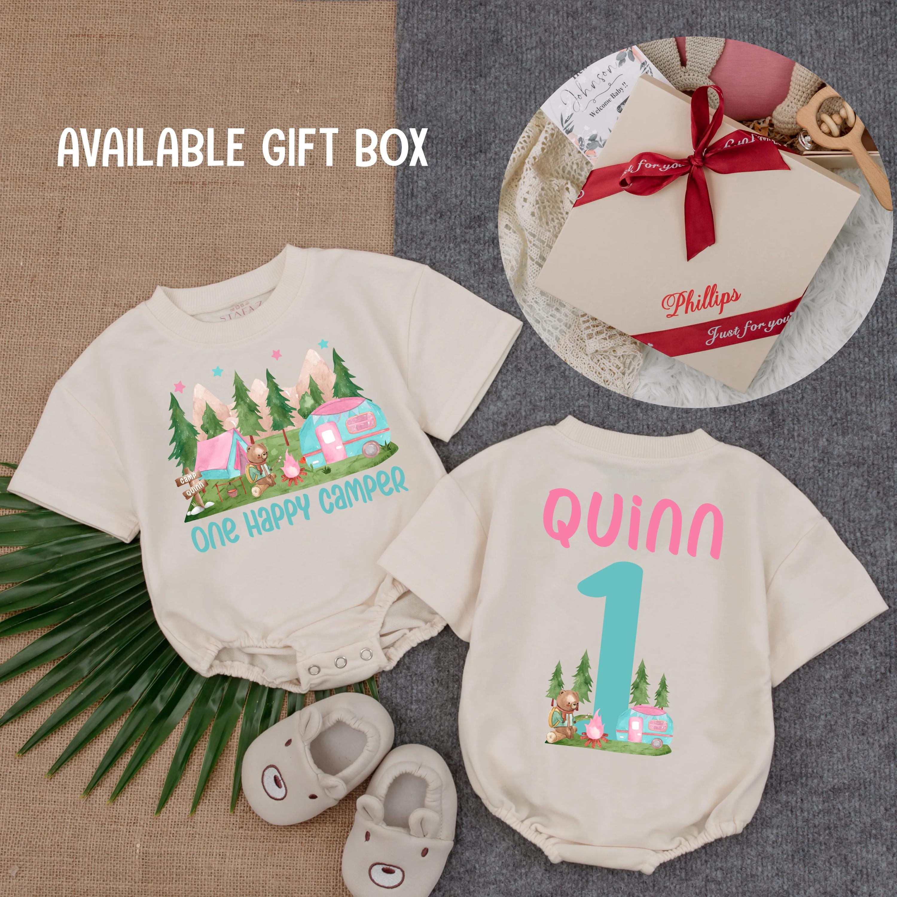 Personalized One Happy Camper Romper with Pink Tent Bear Mountains First Birthday Girl Outfit Toddler Party Clothes Custom Name Gift