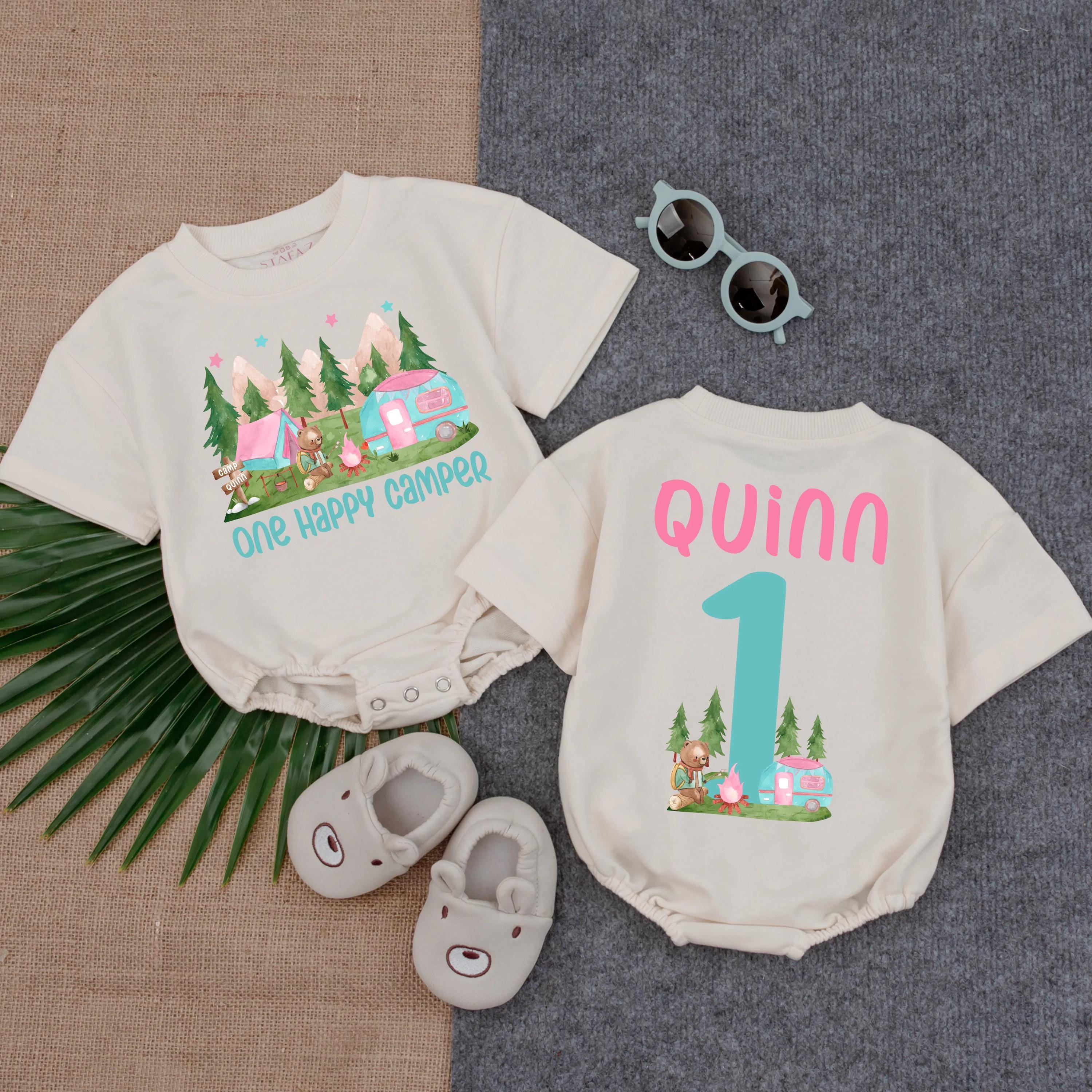 Personalized One Happy Camper Romper with Pink Tent Bear Mountains First Birthday Girl Outfit Toddler Party Clothes Custom Name Gift