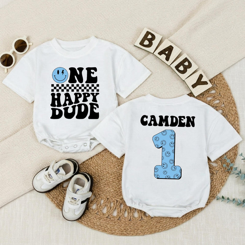 Personalized One Happy Dude Baby Romper, Light Blue Smiley Face 1st Birthday Outfit, Retro Black Typography, Custom Baby Boy Gift