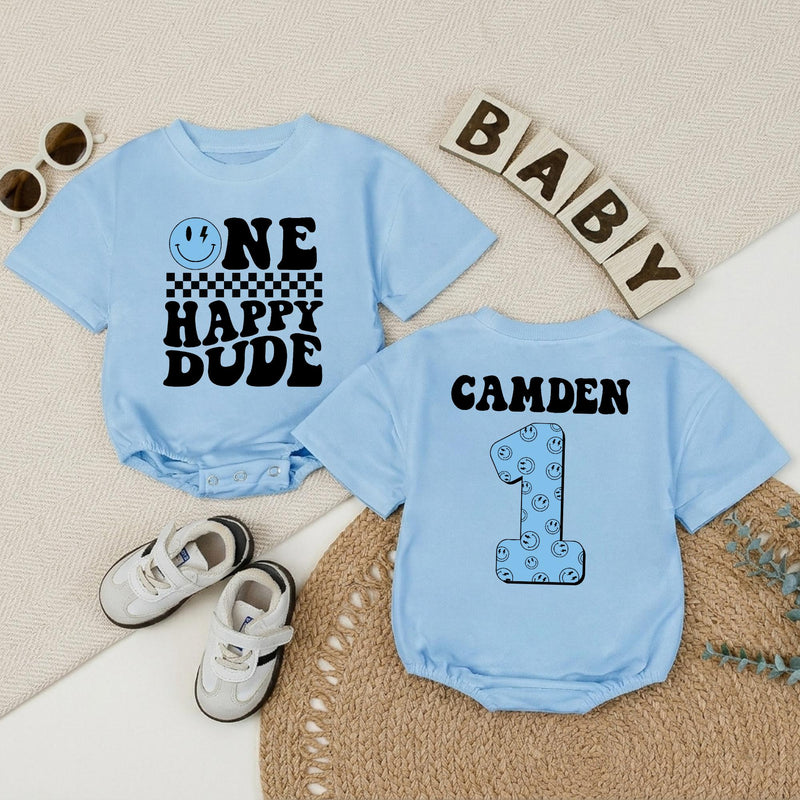 Personalized One Happy Dude Baby Romper, Light Blue Smiley Face 1st Birthday Outfit, Retro Black Typography, Custom Baby Boy Gift