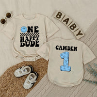 Personalized One Happy Dude Baby Romper, Light Blue Smiley Face 1st Birthday Outfit, Retro Black Typography, Custom Baby Boy Gift