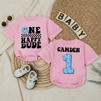 Personalized One Happy Dude Baby Romper, Light Blue Smiley Face 1st Birthday Outfit, Retro Black Typography, Custom Baby Boy Gift