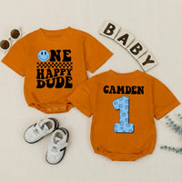 Personalized One Happy Dude Baby Romper, Light Blue Smiley Face 1st Birthday Outfit, Retro Black Typography, Custom Baby Boy Gift