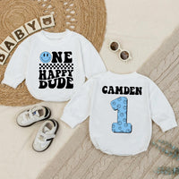 Personalized One Happy Dude Baby Romper, Light Blue Smiley Face 1st Birthday Outfit, Retro Black Typography, Custom Baby Boy Gift