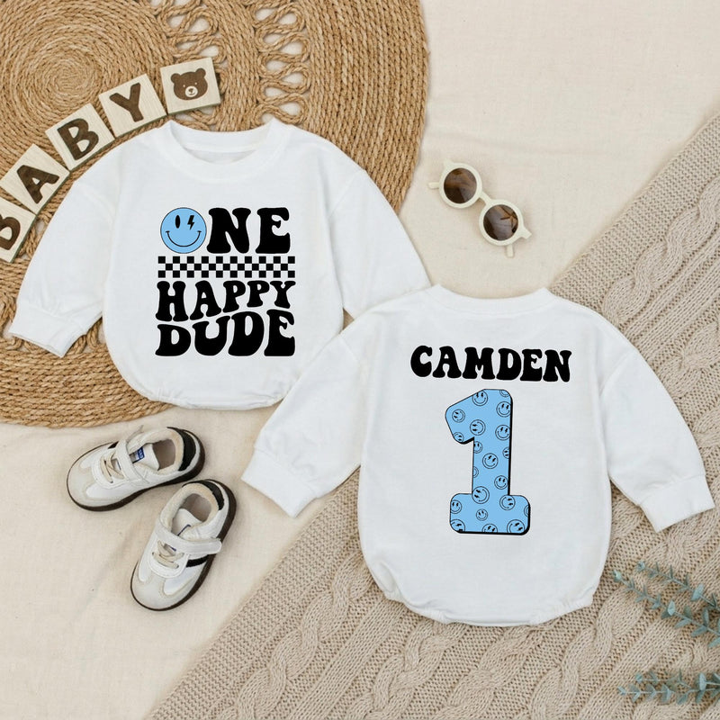 Personalized One Happy Dude Baby Romper, Light Blue Smiley Face 1st Birthday Outfit, Retro Black Typography, Custom Baby Boy Gift