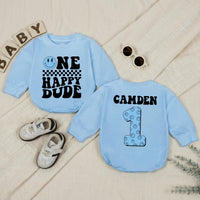 Personalized One Happy Dude Baby Romper, Light Blue Smiley Face 1st Birthday Outfit, Retro Black Typography, Custom Baby Boy Gift