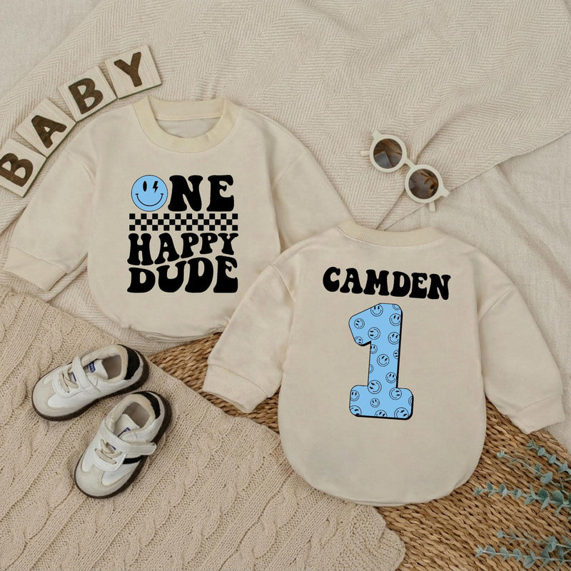 Personalized One Happy Dude Baby Romper, Light Blue Smiley Face 1st Birthday Outfit, Retro Black Typography, Custom Baby Boy Gift