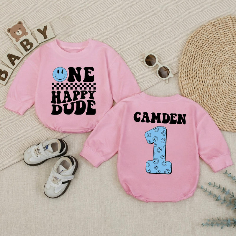 Personalized One Happy Dude Baby Romper, Light Blue Smiley Face 1st Birthday Outfit, Retro Black Typography, Custom Baby Boy Gift