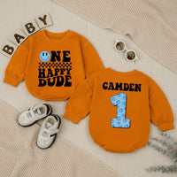 Personalized One Happy Dude Baby Romper, Light Blue Smiley Face 1st Birthday Outfit, Retro Black Typography, Custom Baby Boy Gift