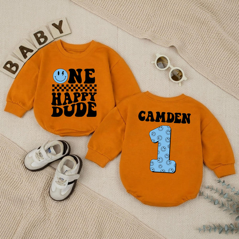 Personalized One Happy Dude Baby Romper, Light Blue Smiley Face 1st Birthday Outfit, Retro Black Typography, Custom Baby Boy Gift