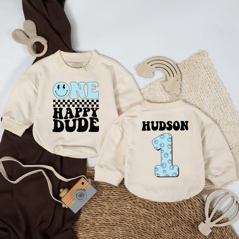 Personalized One Happy Dude Blue Romper with Retro Smiley Face Artwork Birthday Outfit Baby First Party Clothes Comfortable Cotton Gift