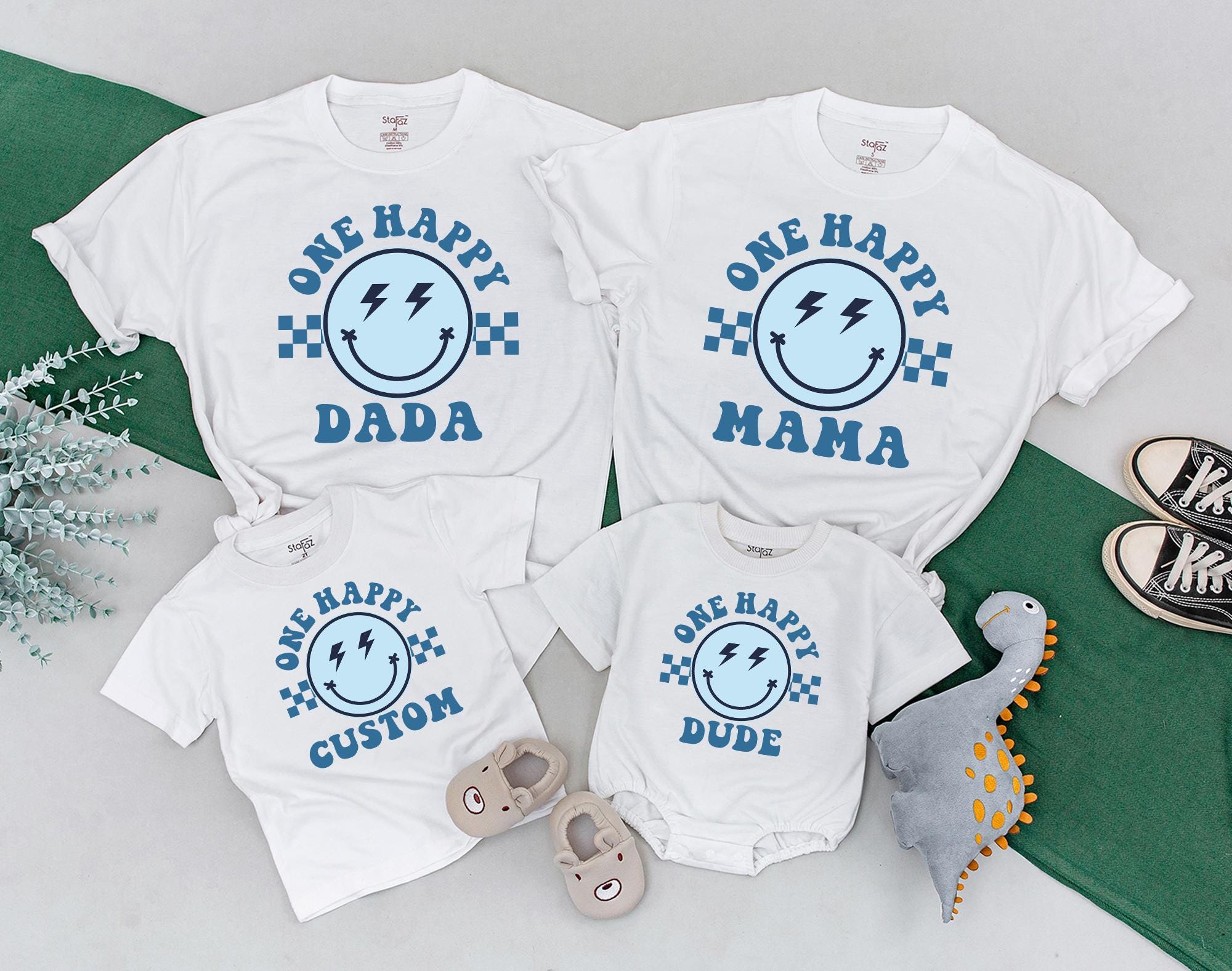 Personalized One Happy Dude Shirt Retro Smiley Face 1st Birthday Outfit Matching Family Groovy Boys Party Theme Blue Checkered Design