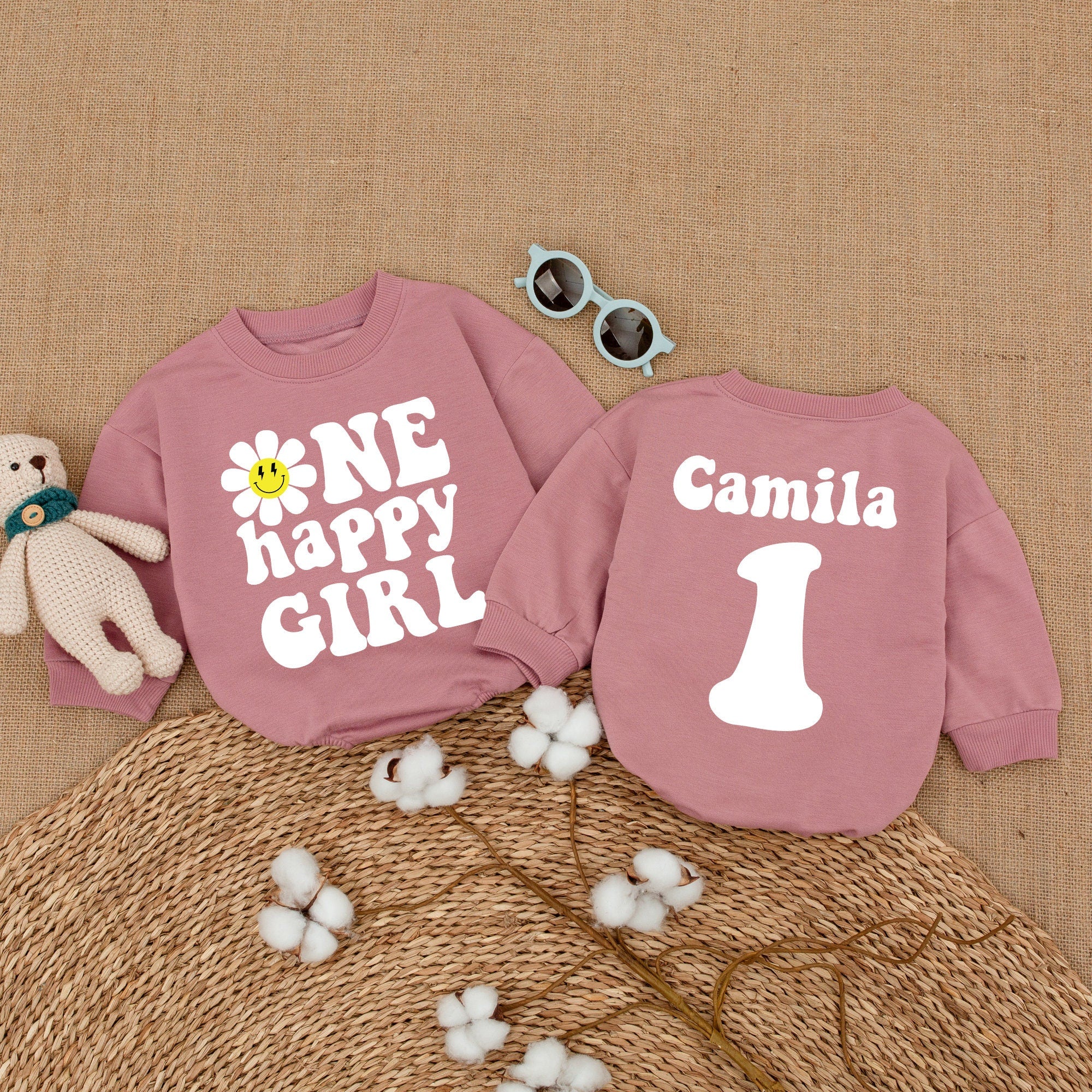 Personalized One Happy Girl Birthday Romper with Smiley Daisy Baby Celebration Outfit First Birthday Gift Pink Design for Joyful Party