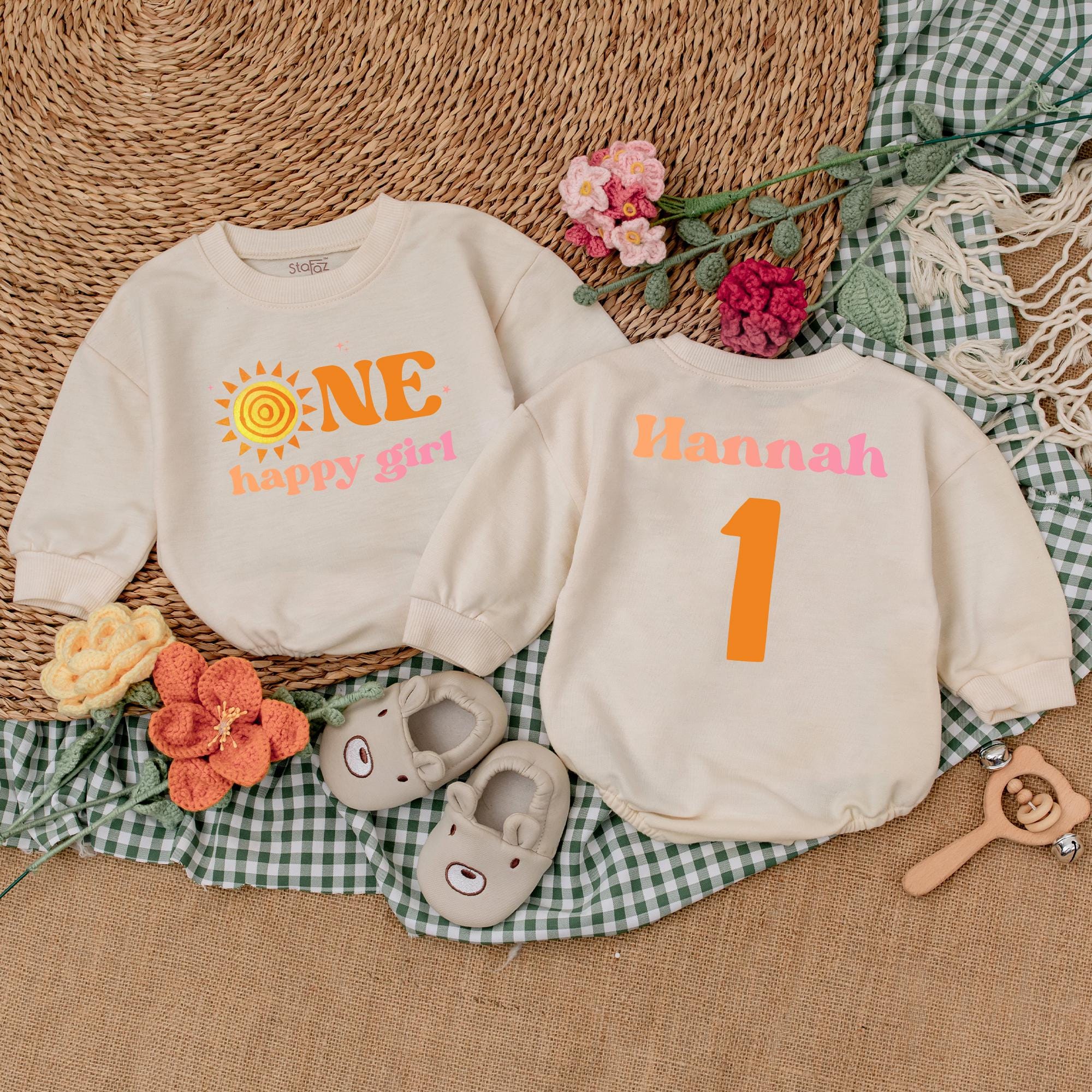 Personalized One Happy Girl Romper with Boho Sun Theme First Birthday Outfit Baby Toddler Gift Orange Pink Soft Cotton Celebration