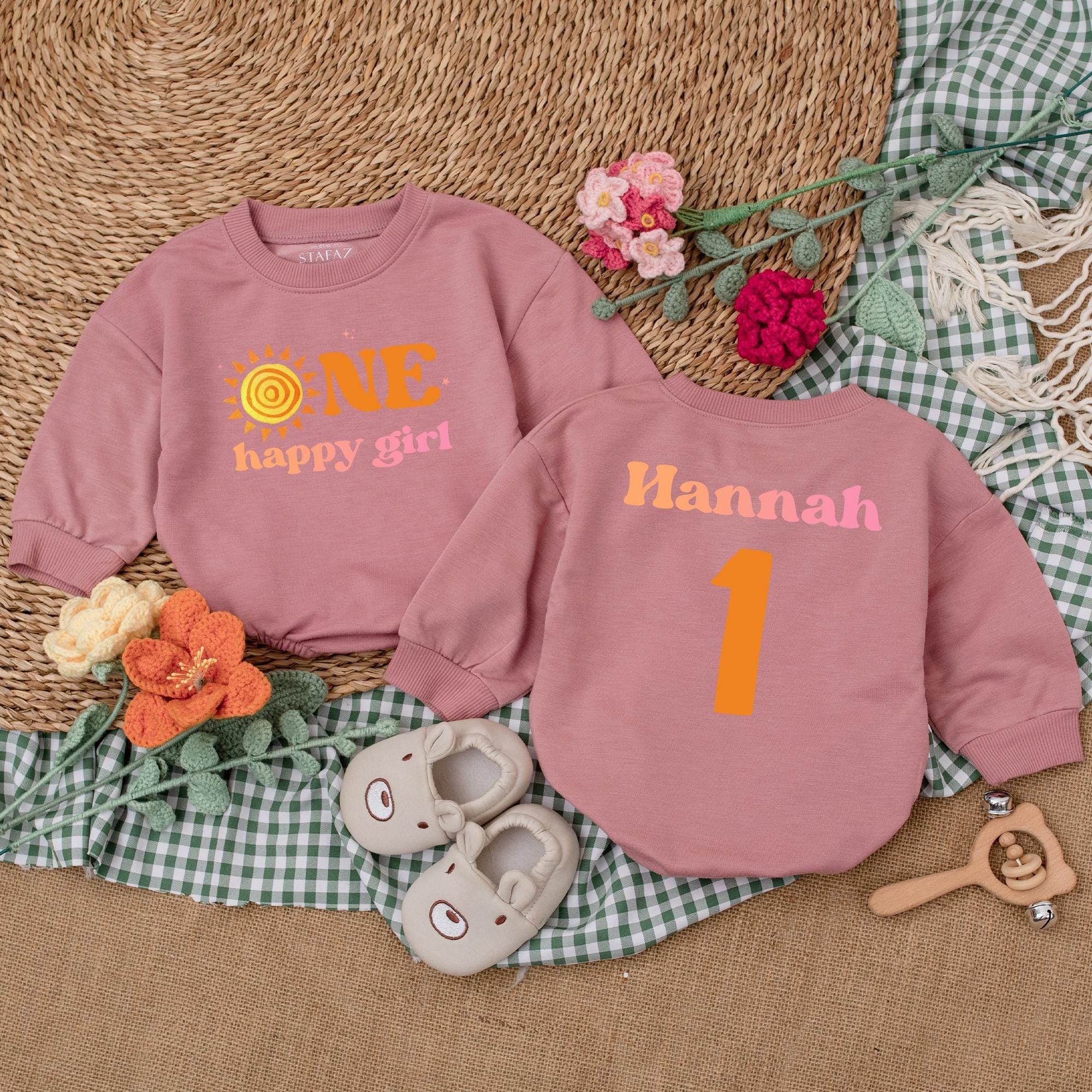 Personalized One Happy Girl Romper with Boho Sun Theme First Birthday Outfit Baby Toddler Gift Orange Pink Soft Cotton Celebration