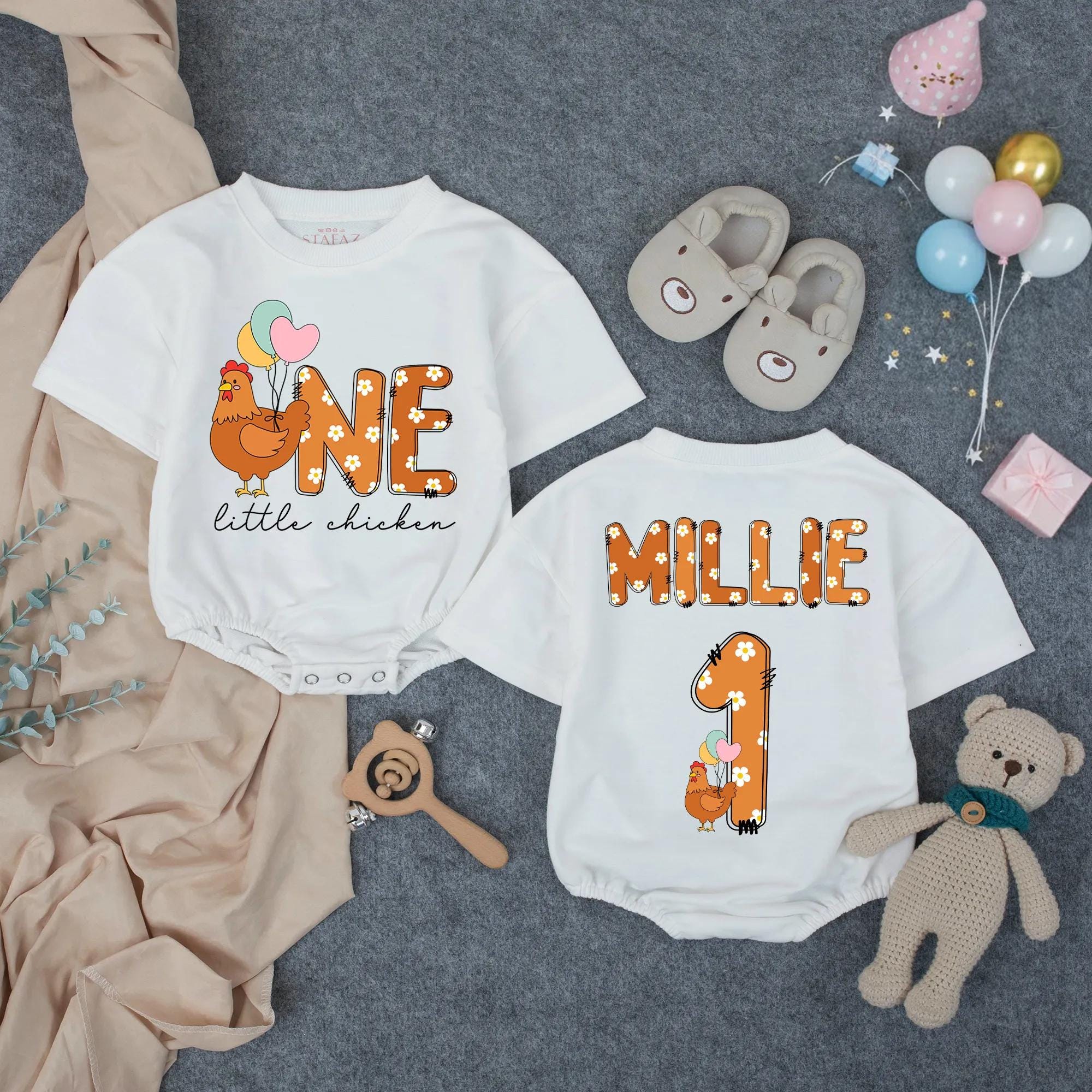 Personalized One Little Chicken Birthday Romper for Toddler Girls, Adorable 1st Birthday Outfit with Daisy Pattern and Pastel Balloon Design