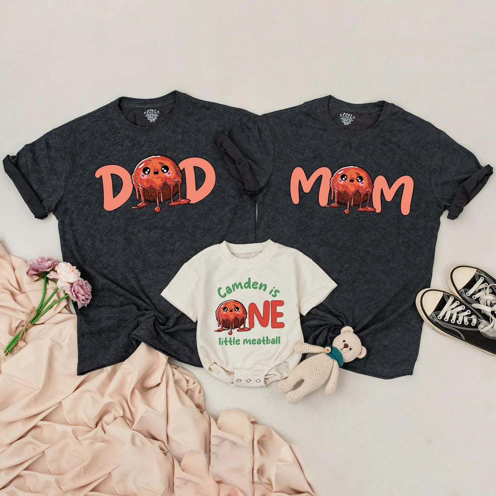 Personalized One Little Meatball Matching Shirts for Baby and Family, Cute 1st Birthday Outfit, Funny Meatball Party Theme Gift Ideas