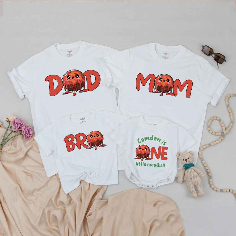 Personalized One Little Meatball Matching Shirts for Baby and Family, Cute 1st Birthday Outfit, Funny Meatball Party Theme Gift Ideas
