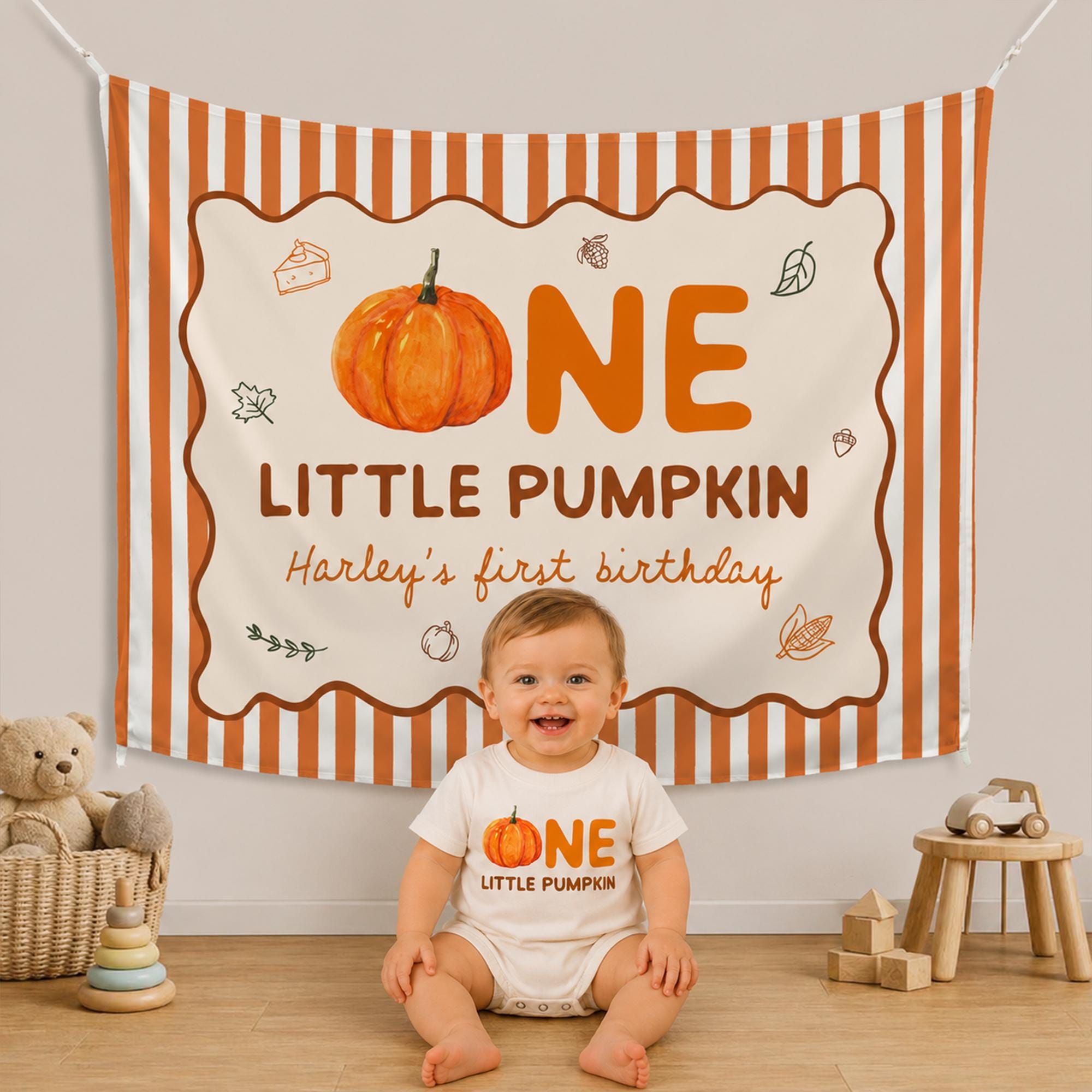 Personalized One Little Pumpkin Birthday Banner and Romper Set for Baby or Toddler First Fall Party, Custom Autumn Design Keepsake