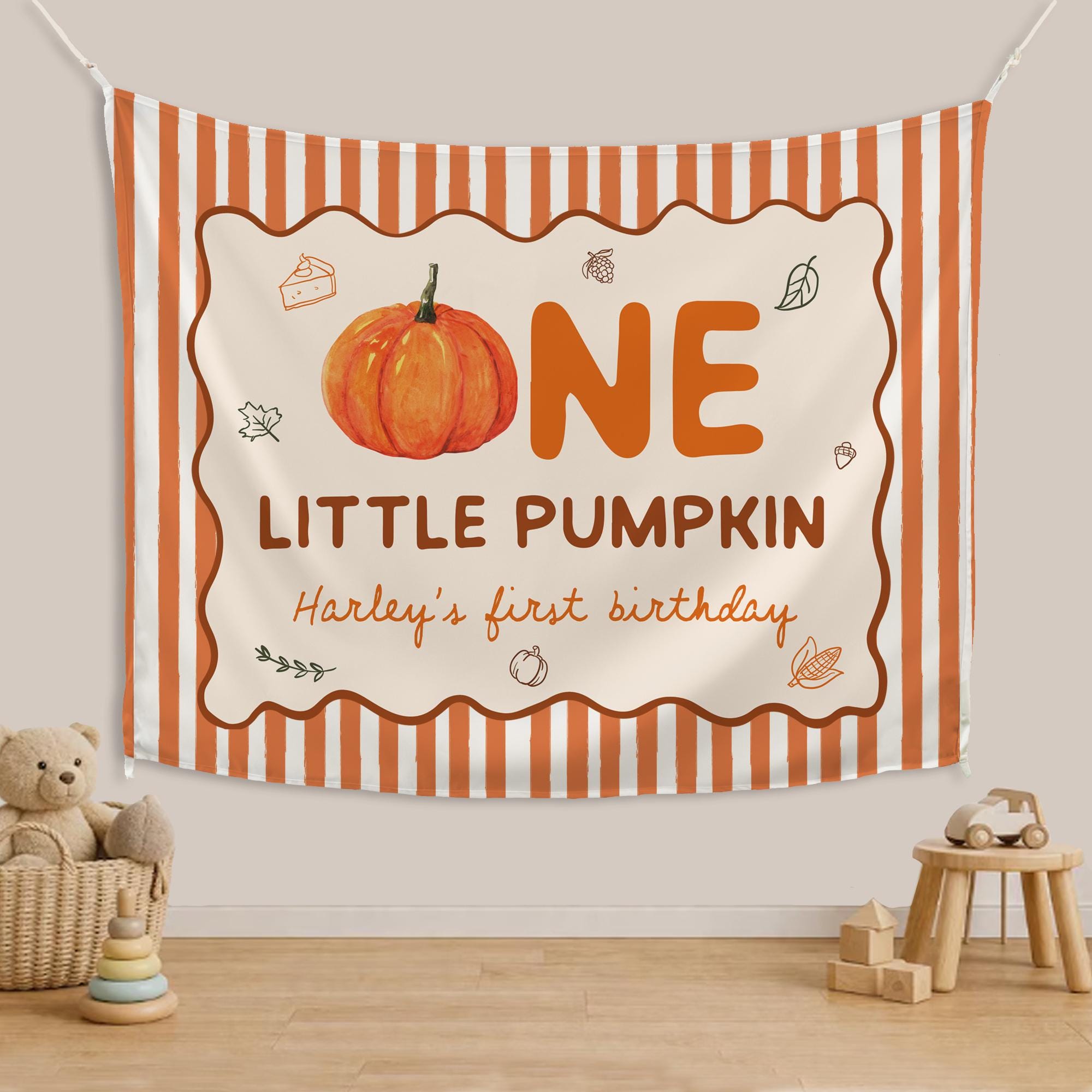 Personalized One Little Pumpkin Birthday Banner and Romper Set for Baby or Toddler First Fall Party, Custom Autumn Design Keepsake