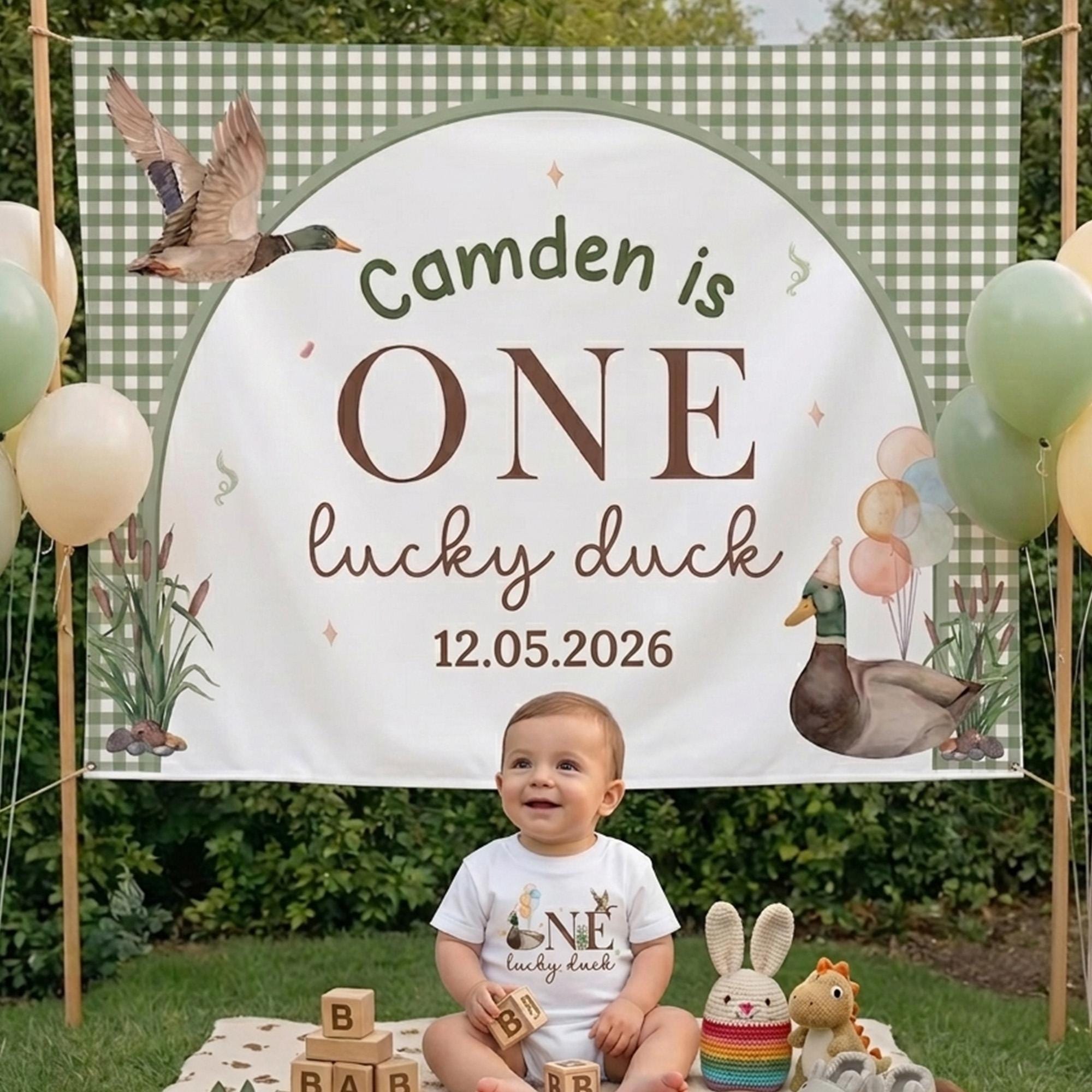 Personalized One Lucky Duck First Birthday Boy Outfit with Mallard Romper, Hunting Party Theme Banner, Rustic Watercolor Design