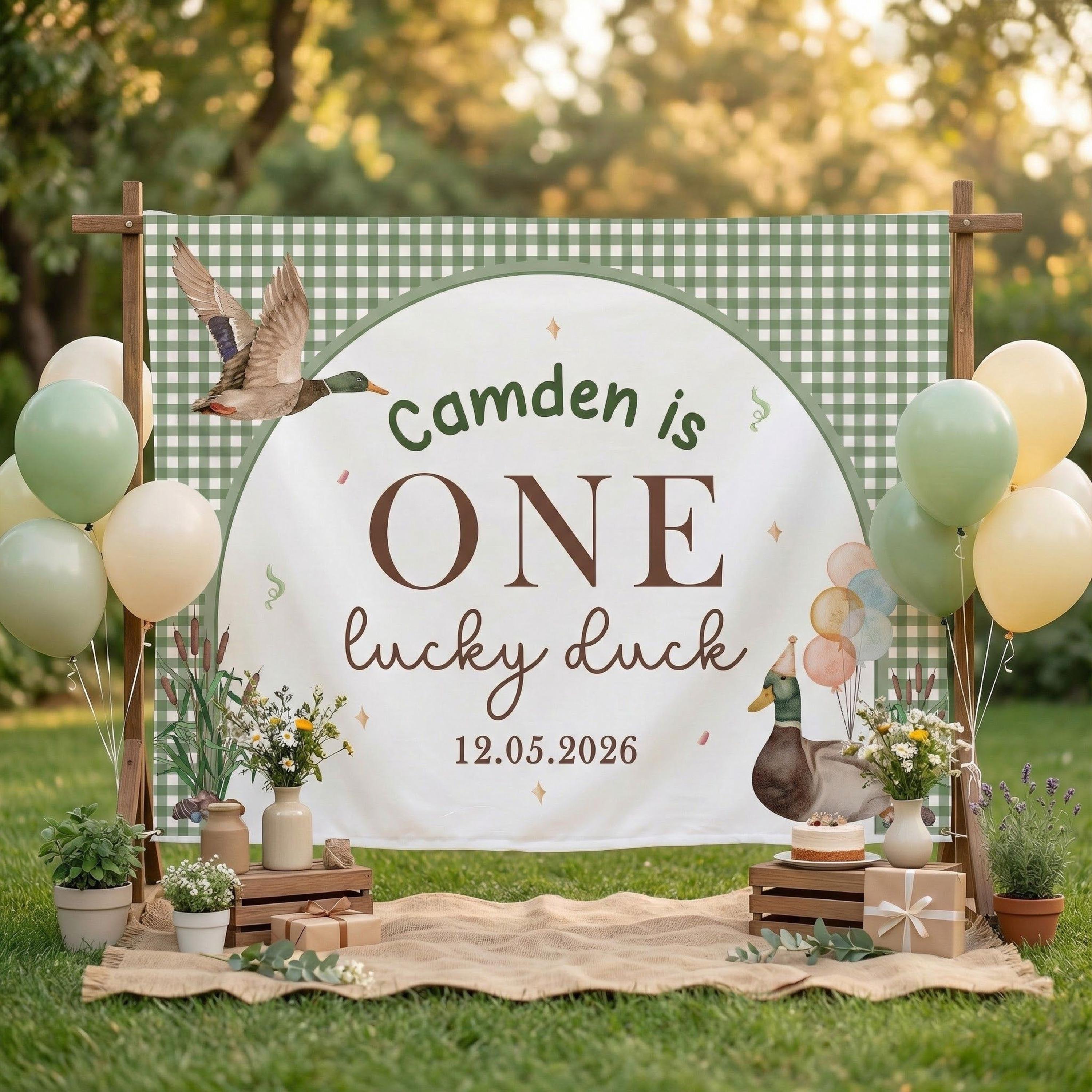 Personalized One Lucky Duck First Birthday Boy Outfit with Mallard Romper, Hunting Party Theme Banner, Rustic Watercolor Design