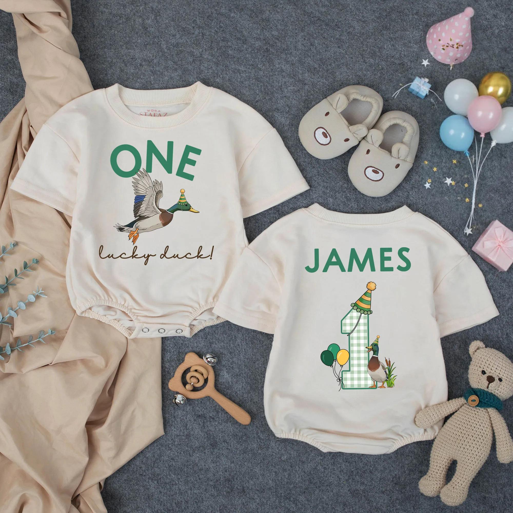 Personalized One Lucky Duck Romper First Birthday Outfit Mallard Theme Soft Cotton Southern Boy Clothes Party Hat Custom Name