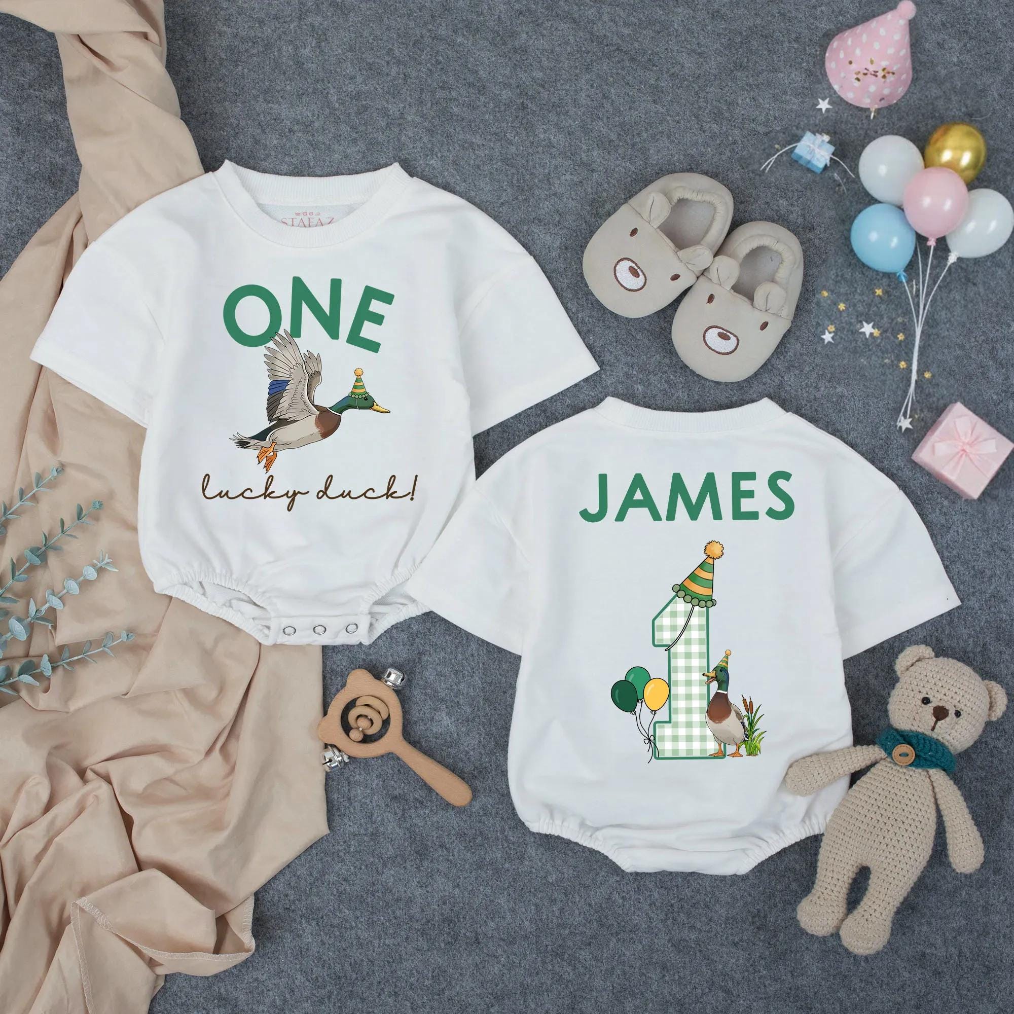 Personalized One Lucky Duck Romper First Birthday Outfit Mallard Theme Soft Cotton Southern Boy Clothes Party Hat Custom Name