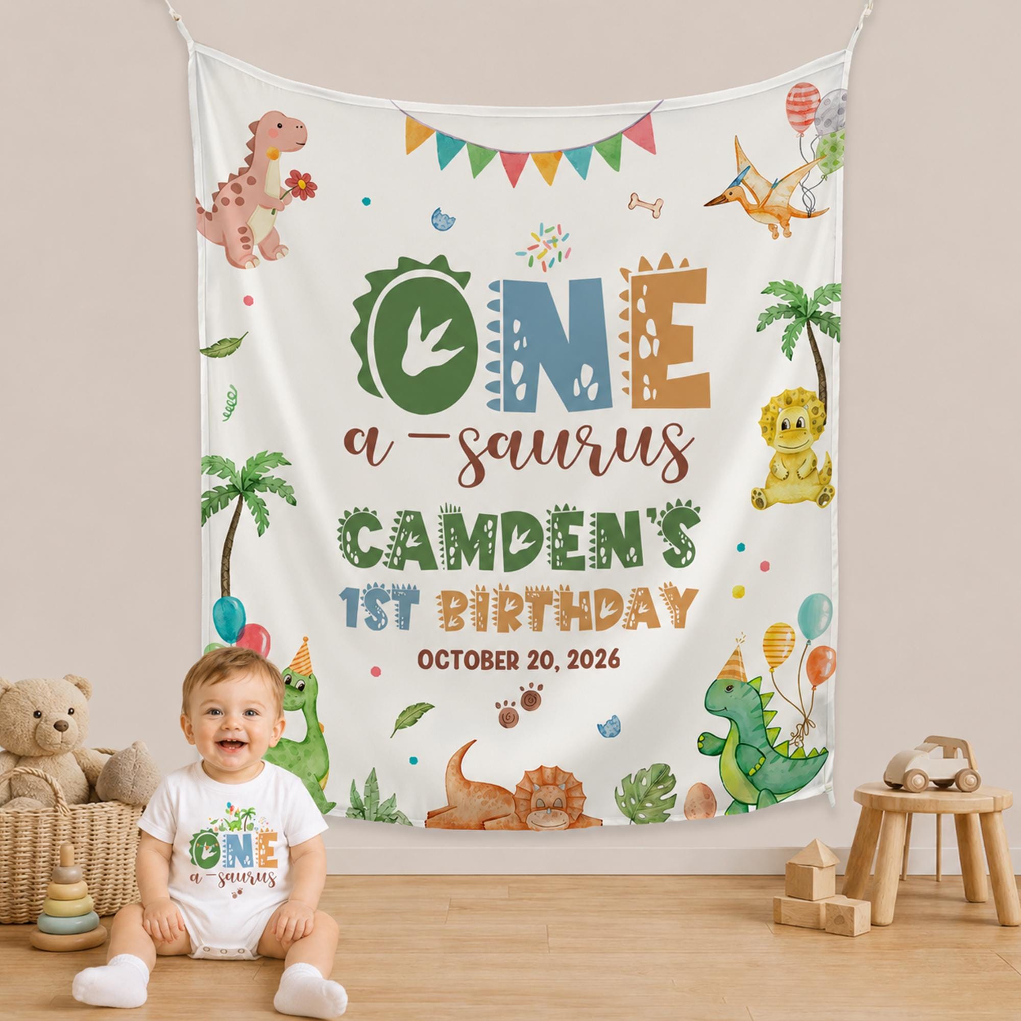 Personalized One A Saurus 1st Birthday Baby Romper Dinosaur Party Outfit Custom Silk Banner Backdrop Cake Smash Decor Toddler Gift