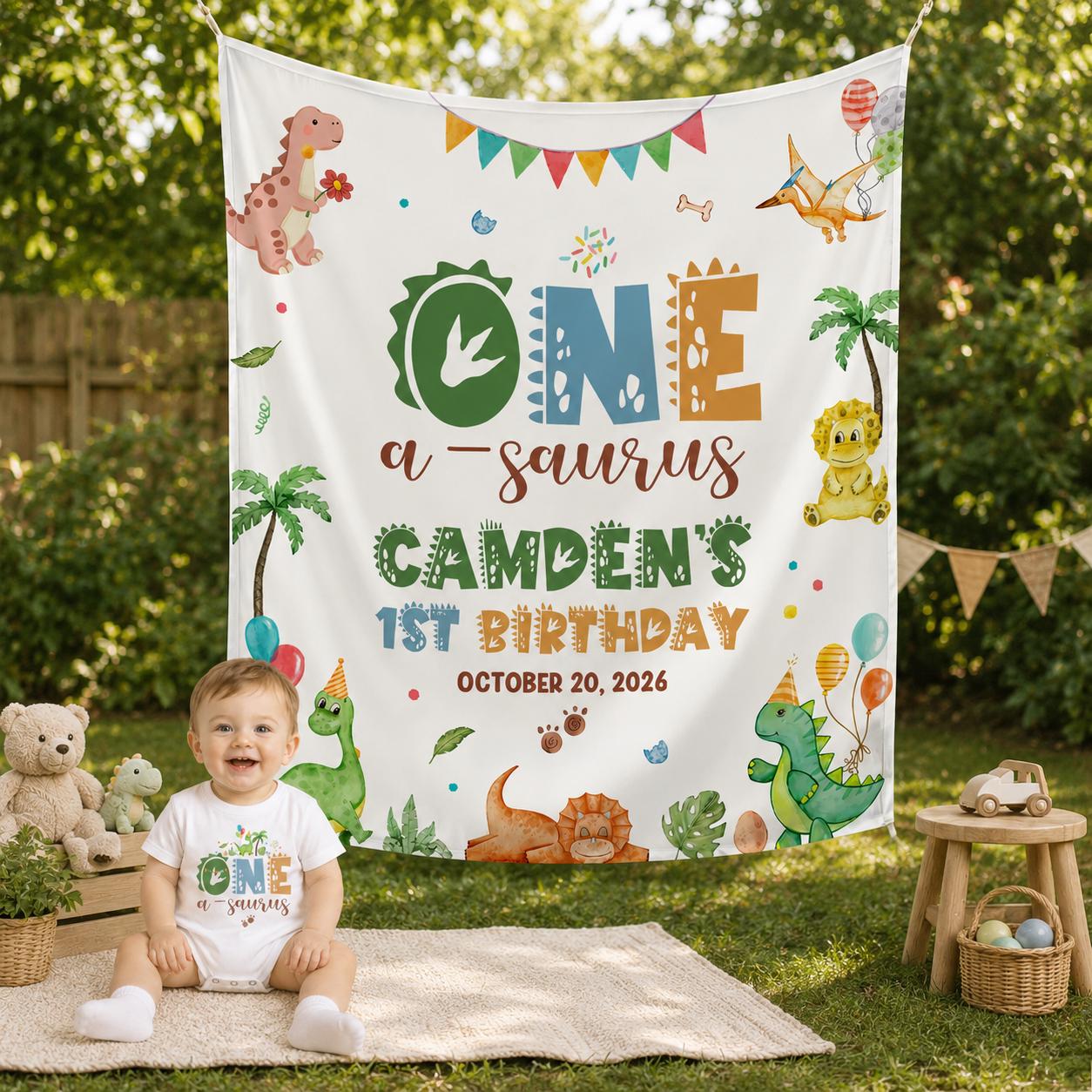 Personalized One A Saurus 1st Birthday Baby Romper Dinosaur Party Outfit Custom Silk Banner Backdrop Cake Smash Decor Toddler Gift