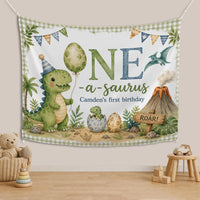 Personalized One-a-saurus Dinosaur Birthday Banner for Baby or Toddler, Custom First Birthday Party Backdrop with Green Gingham Border