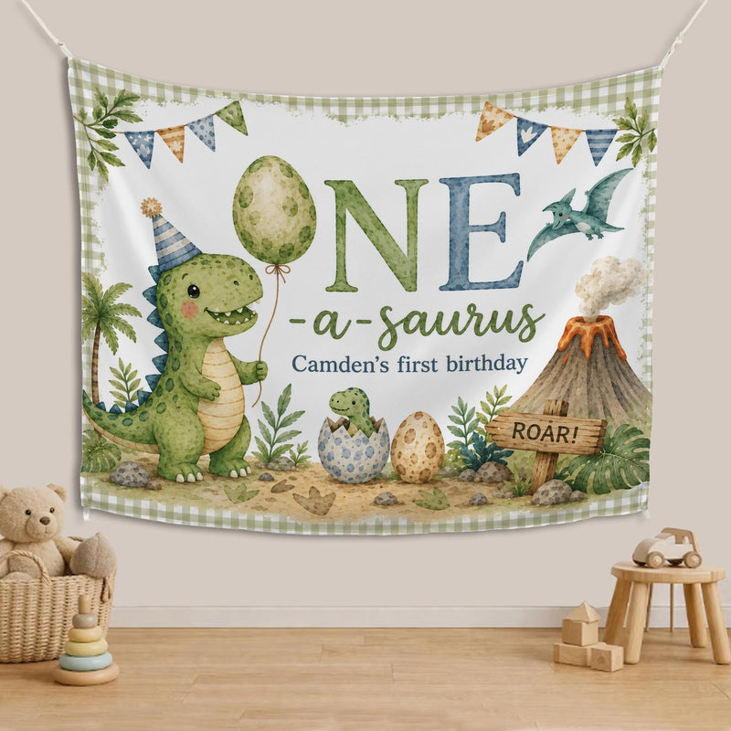 Personalized One-a-saurus Dinosaur Birthday Banner for Baby or Toddler, Custom First Birthday Party Backdrop with Green Gingham Border