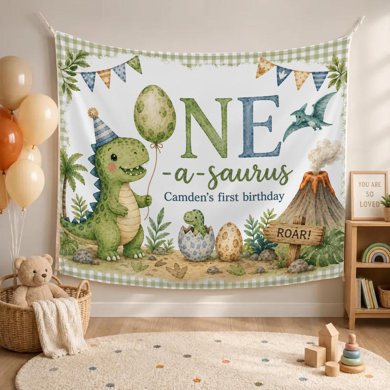 Personalized One-a-saurus Dinosaur Birthday Banner for Baby or Toddler, Custom First Birthday Party Backdrop with Green Gingham Border
