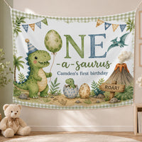 Personalized One-a-saurus Dinosaur Birthday Banner for Baby or Toddler, Custom First Birthday Party Backdrop with Green Gingham Border