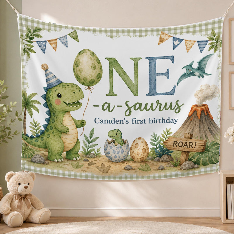 Personalized One-a-saurus Dinosaur Birthday Banner for Baby or Toddler, Custom First Birthday Party Backdrop with Green Gingham Border