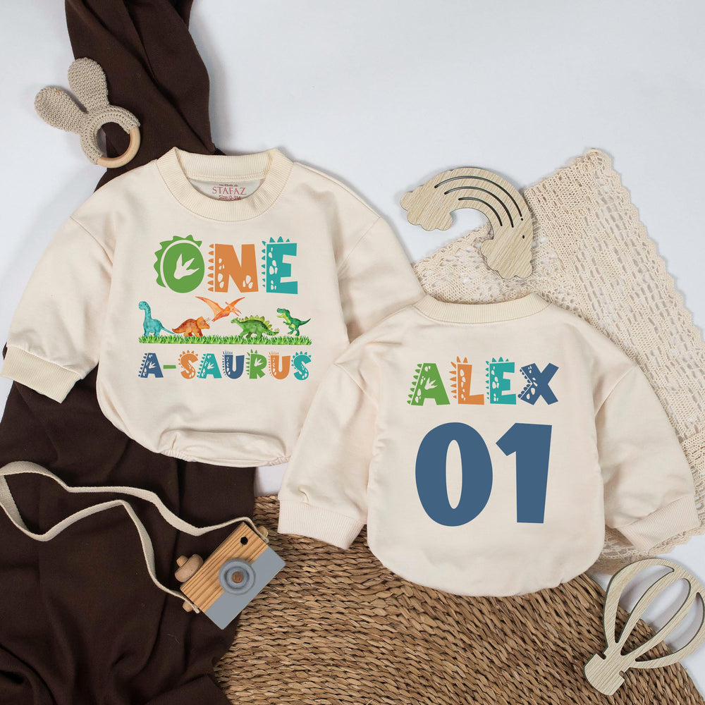 Personalized One A-Saurus Dinosaur Birthday Romper for Baby Boy First Party Outfit Cotton Bodysuit Custom Name Dino Cake Smash Gift