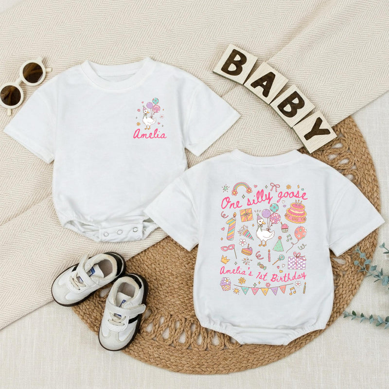Personalized One Silly Goose 1st Birthday Romper Baby Girl Outfit Pastel Party Hat Balloons Cute Gift Soft Cotton Infant Clothes