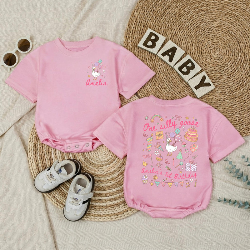 Personalized One Silly Goose 1st Birthday Romper Baby Girl Outfit Pastel Party Hat Balloons Cute Gift Soft Cotton Infant Clothes