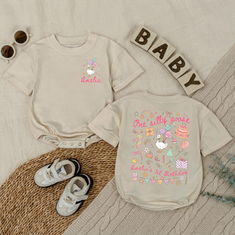 Personalized One Silly Goose 1st Birthday Romper Baby Girl Outfit Pastel Party Hat Balloons Cute Gift Soft Cotton Infant Clothes