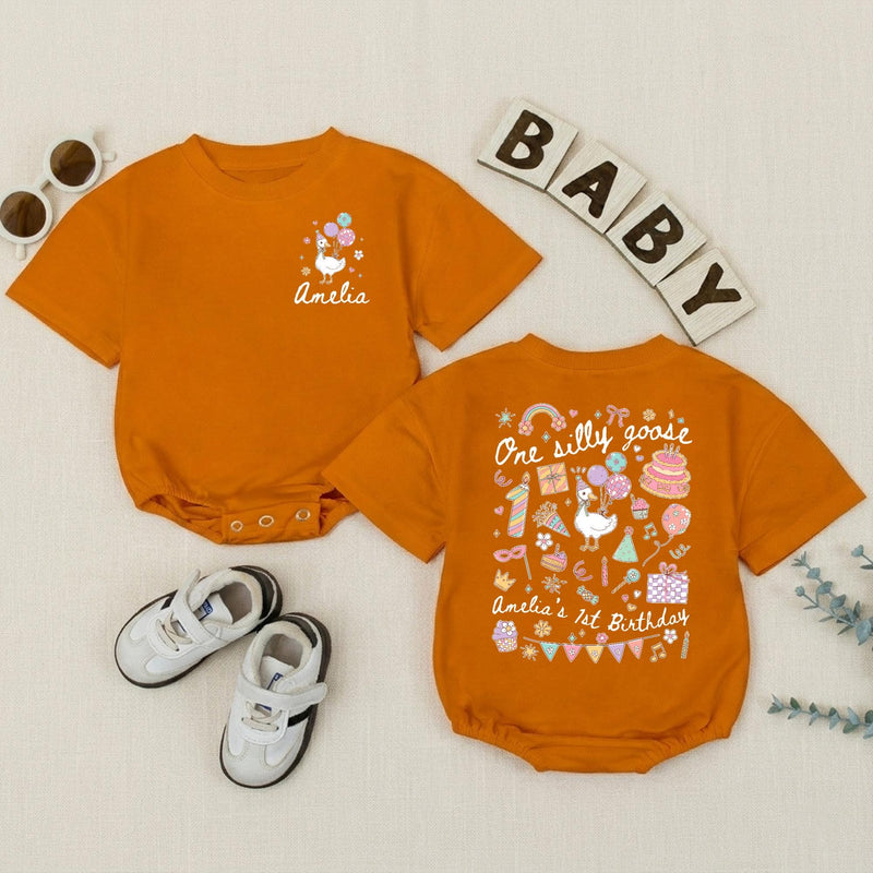 Personalized One Silly Goose 1st Birthday Romper Baby Girl Outfit Pastel Party Hat Balloons Cute Gift Soft Cotton Infant Clothes