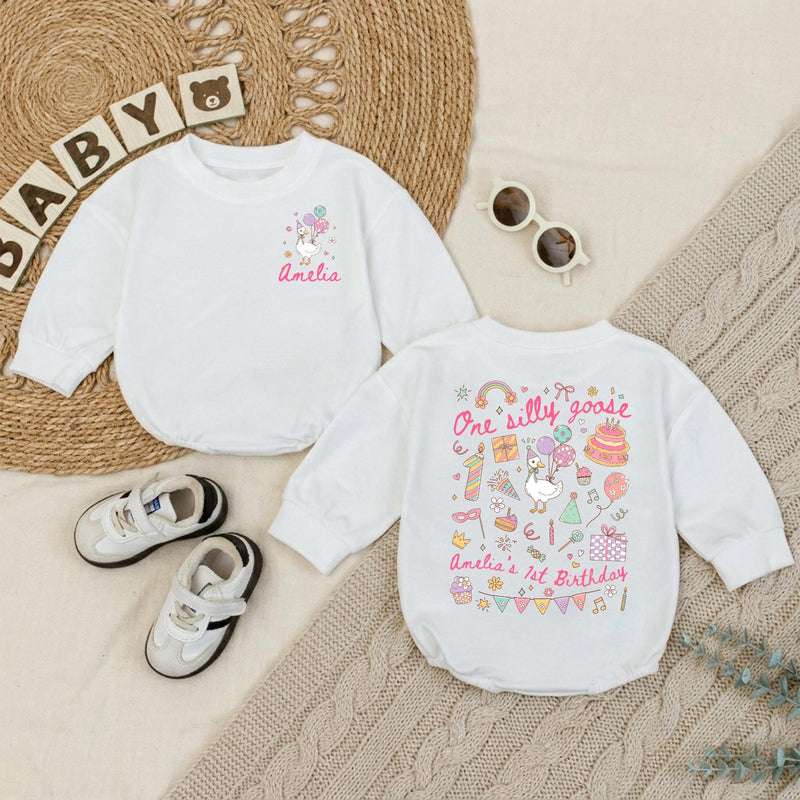 Personalized One Silly Goose 1st Birthday Romper Baby Girl Outfit Pastel Party Hat Balloons Cute Gift Soft Cotton Infant Clothes