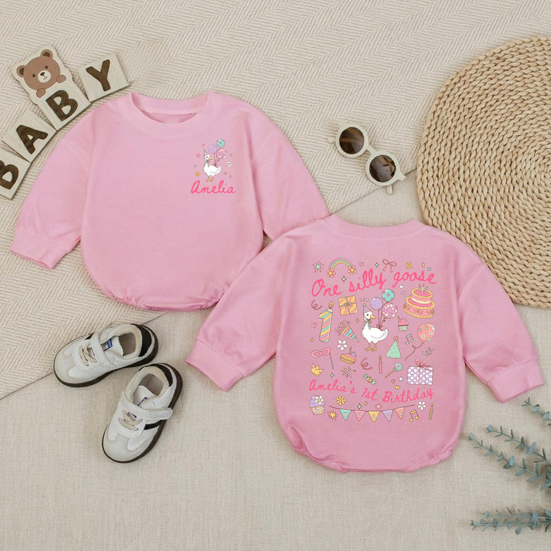 Personalized One Silly Goose 1st Birthday Romper Baby Girl Outfit Pastel Party Hat Balloons Cute Gift Soft Cotton Infant Clothes