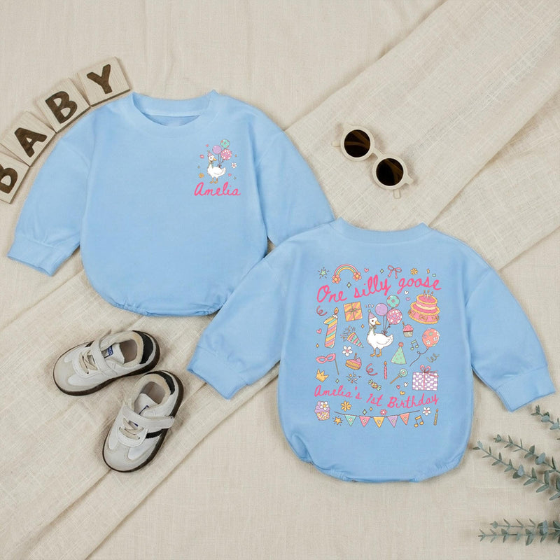 Personalized One Silly Goose 1st Birthday Romper Baby Girl Outfit Pastel Party Hat Balloons Cute Gift Soft Cotton Infant Clothes