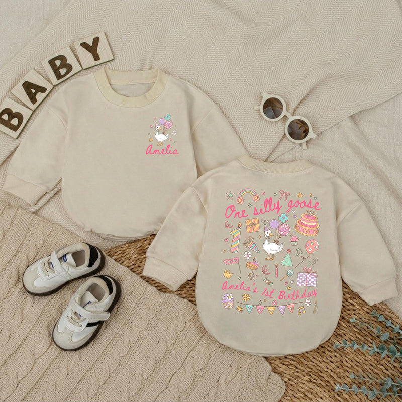 Personalized One Silly Goose 1st Birthday Romper Baby Girl Outfit Pastel Party Hat Balloons Cute Gift Soft Cotton Infant Clothes