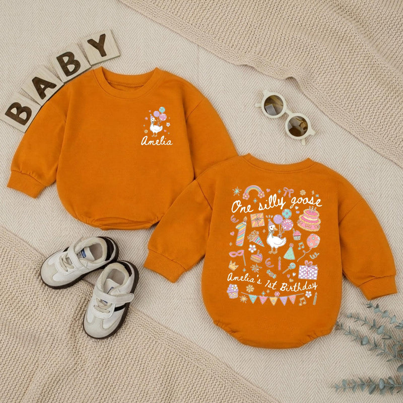 Personalized One Silly Goose 1st Birthday Romper Baby Girl Outfit Pastel Party Hat Balloons Cute Gift Soft Cotton Infant Clothes