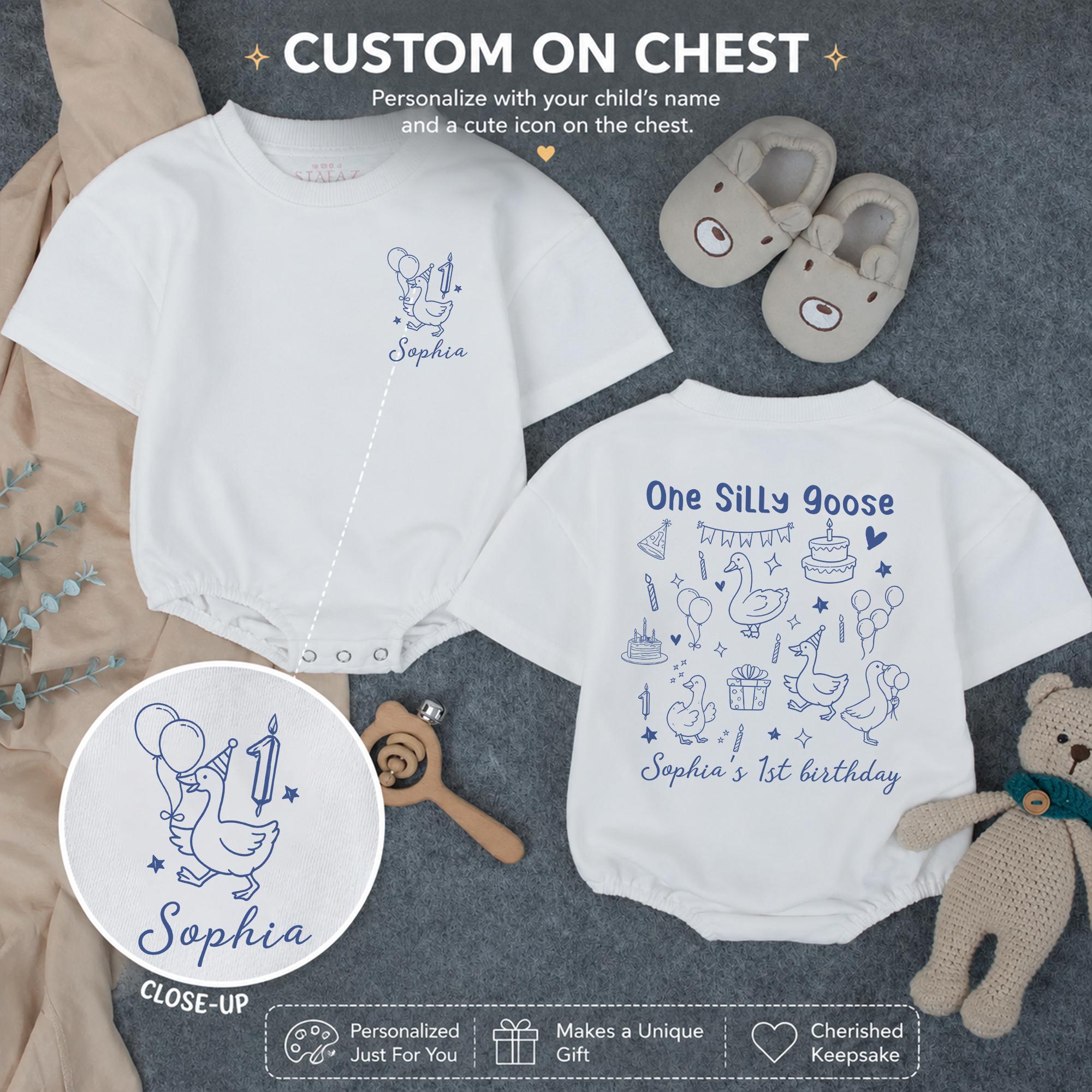 Personalized 'One Silly Goose' 1st Birthday Romper Baby Girl Party Outfit Blue Cotton, Custom Name Celebration Gift